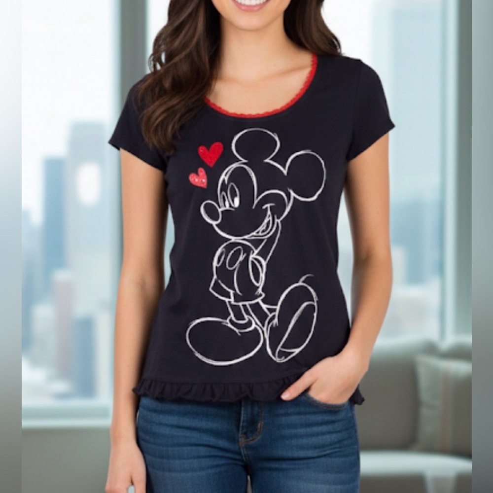 Disney Black Mickey Mouse Wom T-Shirt Beaded Ruffle Lace Sz 4_6 Goth Emo Hearth